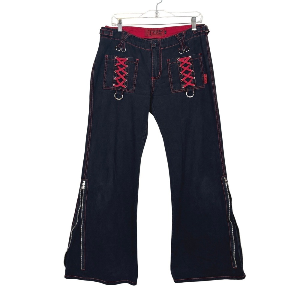 Vintage y2k Tripp NYC Daang Goodman Pants size 11 Black Red Lace Up Flare Goth